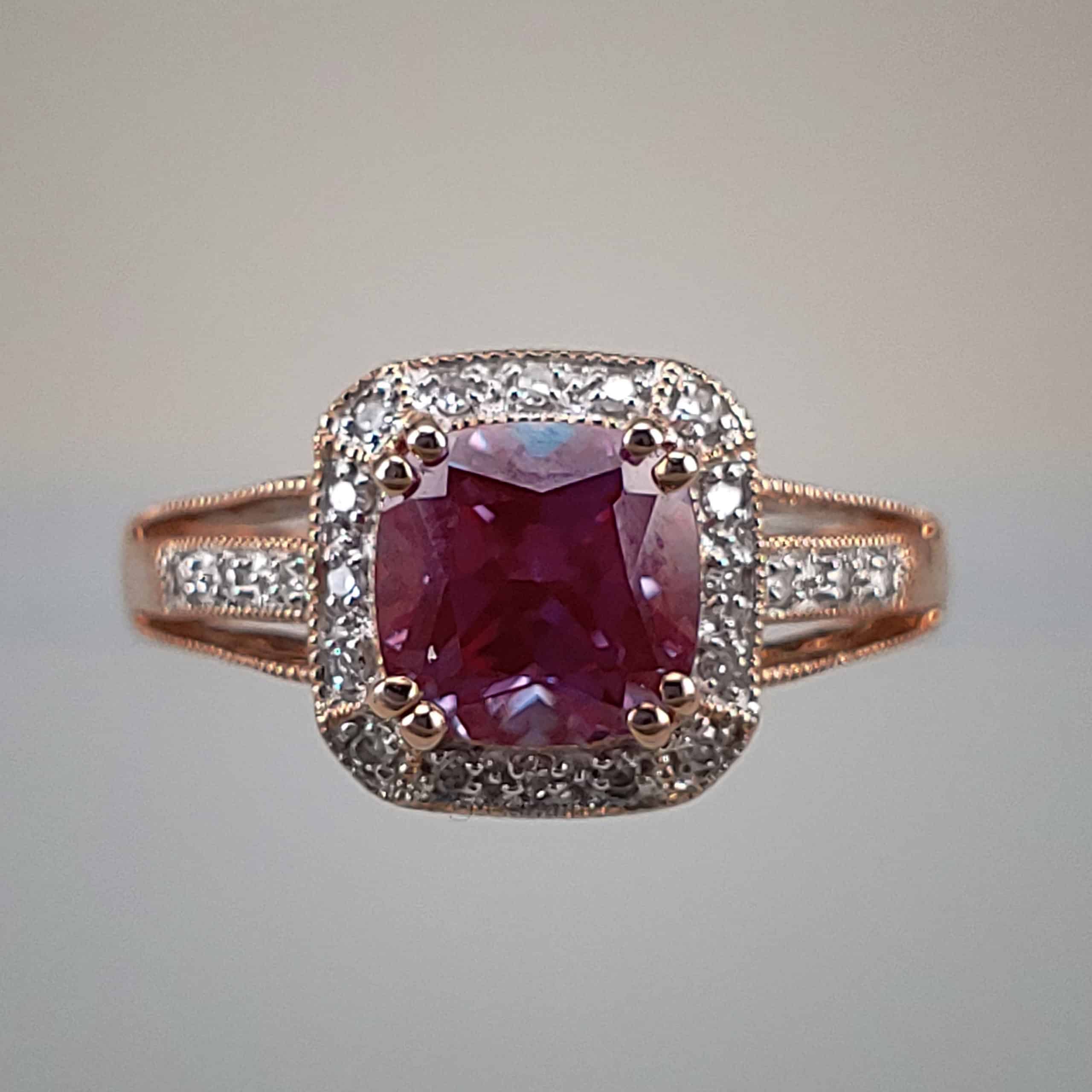 Cushon-Cut Alexandrite w Diamond Halo and Filigree