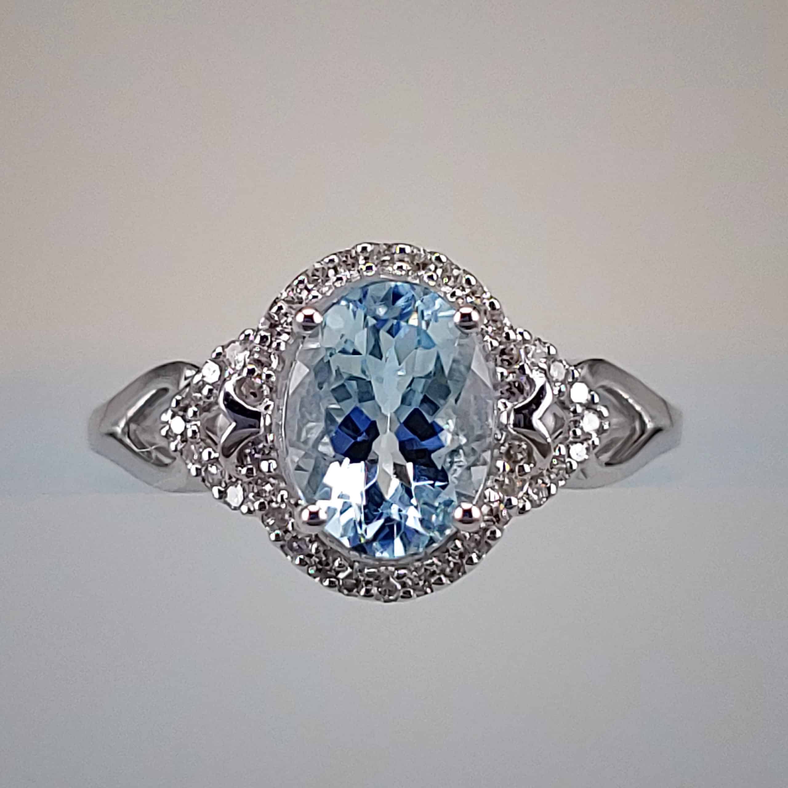 Oval-Cut Aquamarine Three Stone Ring w Diamond Halo