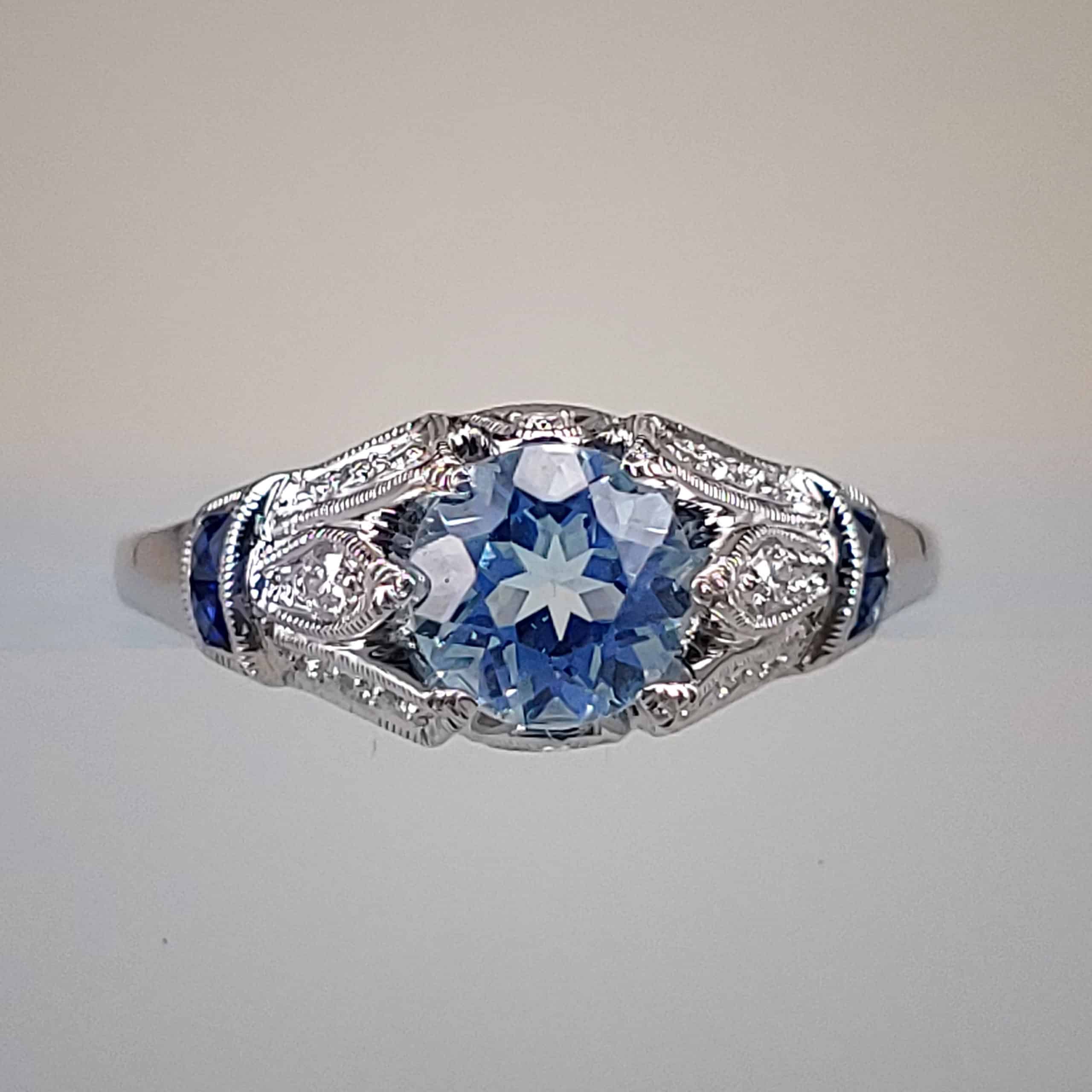 14K White Gold Antique Aquamarine & Channel-Set Sapphire Ring