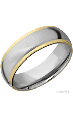 7 mm wide/Domed Stepped Down Edges/14K White Gold band with two 1 mm Edge inlays of 14K Yellow Gold.