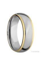 7 mm wide/Domed Stepped Down Edges/14K White Gold band with two 1 mm Edge inlays of 14K Yellow Gold.