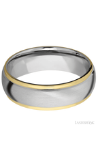 7 mm wide/Domed Stepped Down Edges/14K White Gold band with two 1 mm Edge inlays of 14K Yellow Gold.