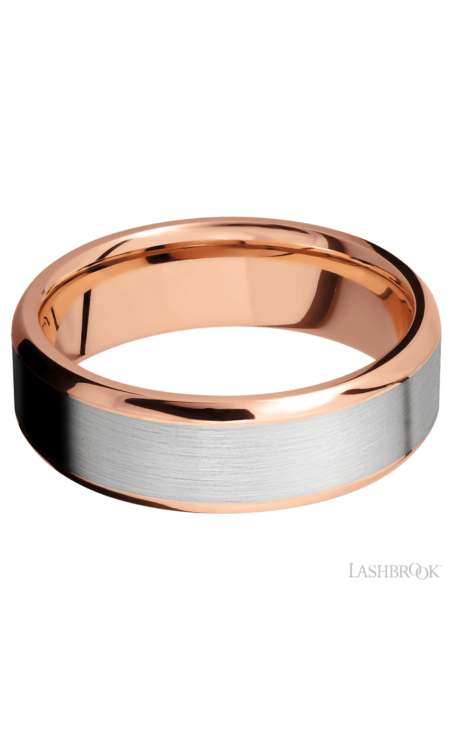 7 mm wide/Beveled/14K Rose Gold band with one 5 mm Centered inlay of 14K White Gold.