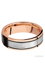 7 mm wide/Flat/14K Rose Gold band with one 4 mm Centered inlay of 14K White Gold.