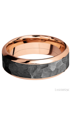 8 mm wide/High Bevel/14K Rose Gold band with one 5 mm Centered inlay of Zirconium.