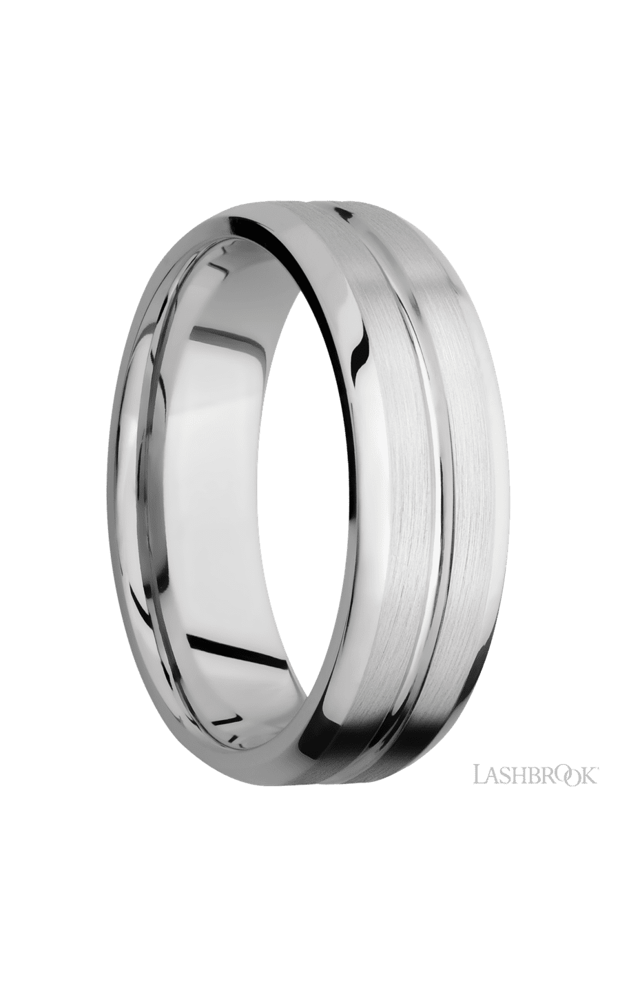 7 mm wide Beveled with Center Accent Groove 14K White Gold band.