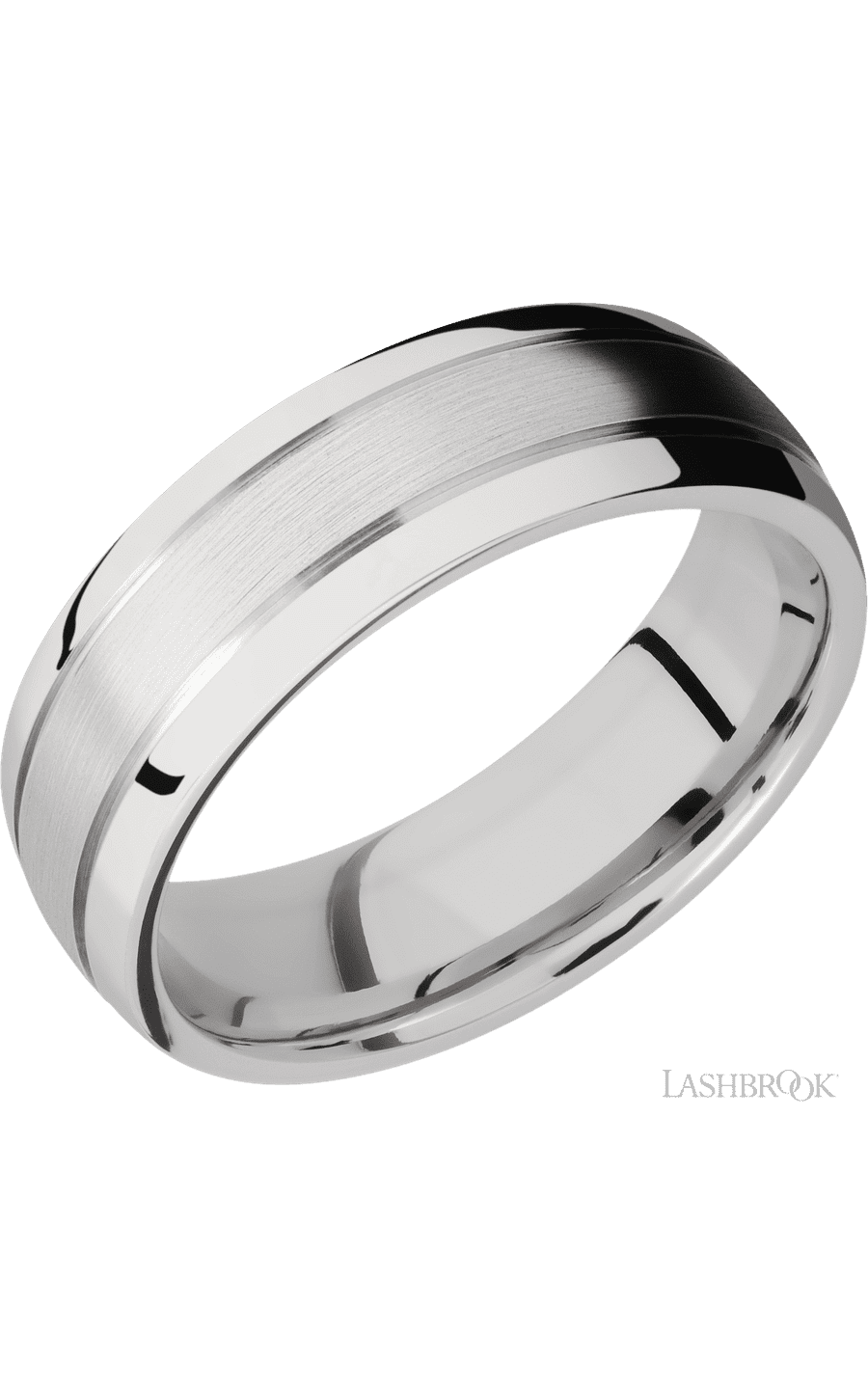 7 mm wide Domed with two accent grooves 14K White Gold band.