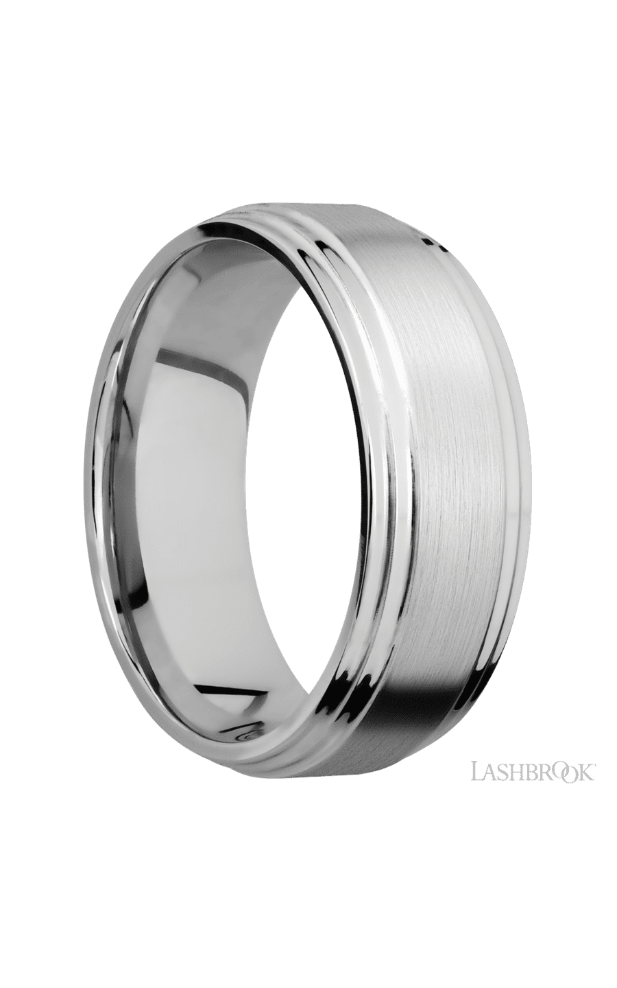 8 mm wide Flat Double Stepped Edges 14K White Gold band.