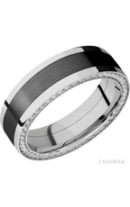 7 mm wide/Flat/14K White Gold band with  one 4 mm Centered inlay of Zirconium and featuring a Side Eternity arrangement of .01 carat Round Diamond stones in a Bead Channel setting