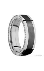 7 mm wide/Flat/14K White Gold band with  one 4 mm Centered inlay of Zirconium and featuring a Side Eternity arrangement of .01 carat Round Diamond stones in a Bead Channel setting