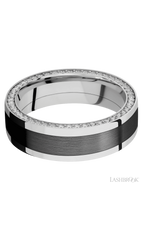 7 mm wide/Flat/14K White Gold band with  one 4 mm Centered inlay of Zirconium and featuring a Side Eternity arrangement of .01 carat Round Diamond stones in a Bead Channel setting