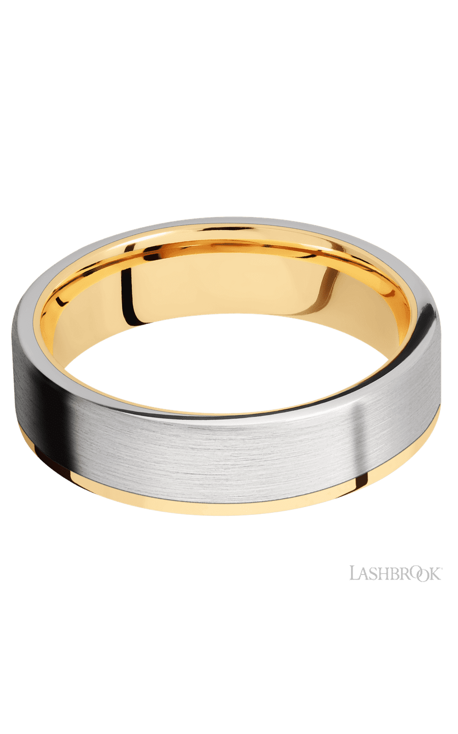 6 mm wide/Flat/14K Yellow Gold band with one 5 mm Off Center Edge inlay of Cobalt Chrome.