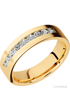 6 mm wide/Flat/14K Yellow Gold band with an  arrangement of 9, .07 carat Round Diamond stones in a Channel setting.