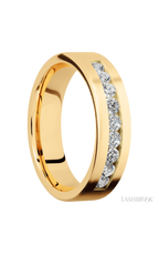 6 mm wide/Flat/14K Yellow Gold band with an  arrangement of 9, .07 carat Round Diamond stones in a Channel setting.
