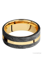 8 mm wide/Flat/14K Yellow Gold band with two 3 mm Double Off Center Edge inlays of Forged Carbon Fiber.