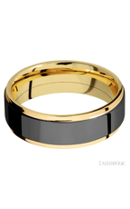 7 mm wide/Flat Grooved Edges/14K Yellow Gold band with one 5 mm Raised Centered inlay of Zirconium.