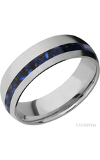 7 mm wide/Domed/Titanium band with one 2 mm Off Center inlay of Blue Tiger Eye.