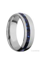 7 mm wide/Domed/Titanium band with one 2 mm Off Center inlay of Blue Tiger Eye.