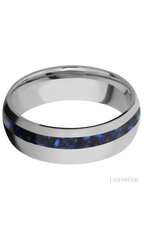 7 mm wide/Domed/Titanium band with one 2 mm Off Center inlay of Blue Tiger Eye.