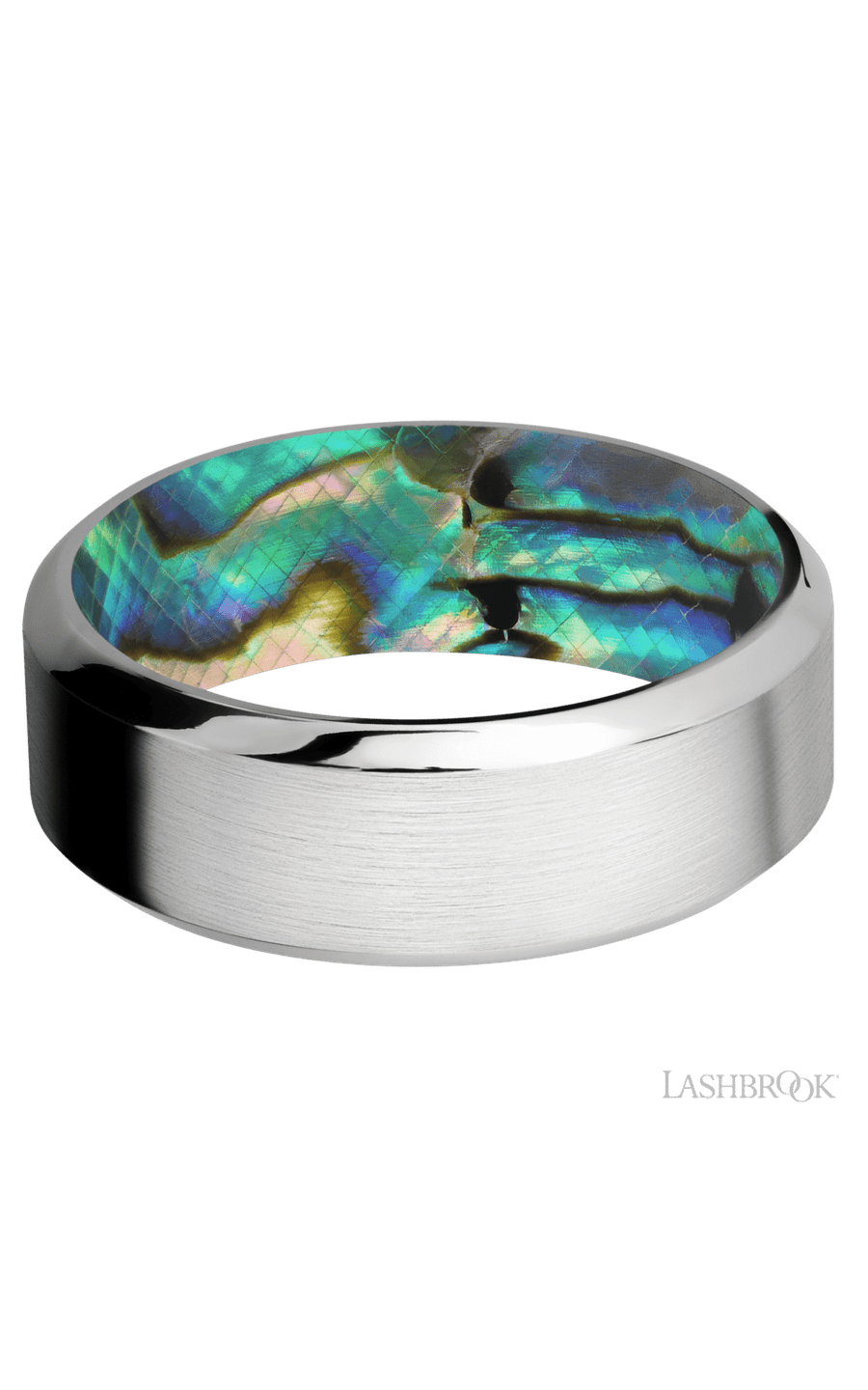 8 mm wide High Bevel Cobalt Chrome band featuring a Abalone sleeve.
