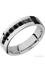 6 mm wide/Flat/Cobalt Chrome band with an  arrangement of 9, .1 carat Round Black Diamond stones in a Channel setting.