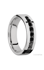 6 mm wide/Flat/Cobalt Chrome band with an  arrangement of 9, .1 carat Round Black Diamond stones in a Channel setting.