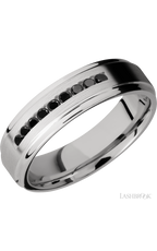 6 mm wide/Flat Grooved Edges/Cobalt Chrome band with an  arrangement of 9, .03 carat Round Black Diamond stones in a Channel setting.