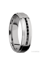 6 mm wide/Flat Grooved Edges/Cobalt Chrome band with an  arrangement of 9, .03 carat Round Black Diamond stones in a Channel setting.