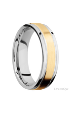 6 mm wide/Flat Stepped Edges Milgrain/Cobalt Chrome band with one 3 mm Raised Centered inlay of 14K Yellow Gold.