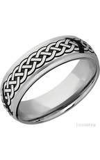 7 mm wide/Domed Stepped Down Edges/Cobalt Chrome band with a laser carved Celtic 9 pattern.