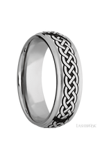7 mm wide/Domed Stepped Down Edges/Cobalt Chrome band with a laser carved Celtic 9 pattern.
