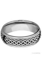 7 mm wide/Domed Stepped Down Edges/Cobalt Chrome band with a laser carved Celtic 9 pattern.