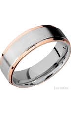 7 mm wide/Flat Grooved Edges/Cobalt Chrome band with two 1 mm Edge inlays of 14K Rose Gold.