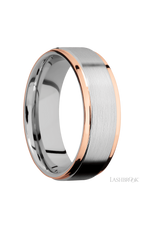 7 mm wide/Flat Grooved Edges/Cobalt Chrome band with two 1 mm Edge inlays of 14K Rose Gold.