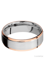 7 mm wide/Flat Grooved Edges/Cobalt Chrome band with two 1 mm Edge inlays of 14K Rose Gold.
