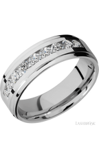 7 mm wide/Flat Grooved Edges/Cobalt Chrome band with an  arrangement of 9, .1 carat Round Diamond stones in a Channel setting.