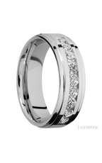 7 mm wide/Flat Grooved Edges/Cobalt Chrome band with an  arrangement of 9, .1 carat Round Diamond stones in a Channel setting.