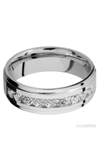 7 mm wide/Flat Grooved Edges/Cobalt Chrome band with an  arrangement of 9, .1 carat Round Diamond stones in a Channel setting.