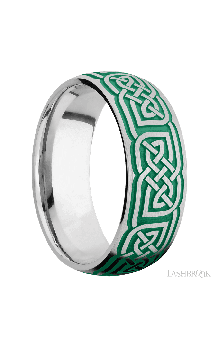 8 mm wide/Domed/Cobalt Chrome band with a laser carved Celtic 17 pattern.