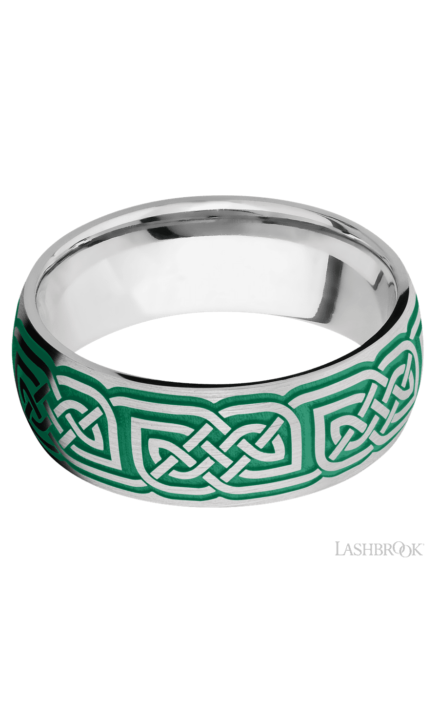 8 mm wide/Domed/Cobalt Chrome band with a laser carved Celtic 17 pattern.