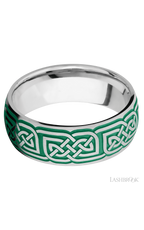 8 mm wide/Domed/Cobalt Chrome band with a laser carved Celtic 17 pattern.