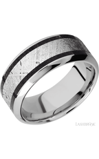 9 mm wide/High Bevel/Cobalt Chrome band featuring inlays of Dinosaur Bone Black and Meteorite.