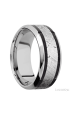 9 mm wide/High Bevel/Cobalt Chrome band featuring inlays of Dinosaur Bone Black and Meteorite.