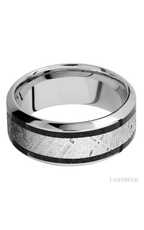 9 mm wide/High Bevel/Cobalt Chrome band featuring inlays of Dinosaur Bone Black and Meteorite.