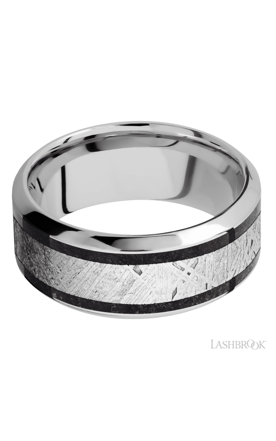 9 mm wide/High Bevel/Cobalt Chrome band featuring inlays of Dinosaur Bone Black and Meteorite.