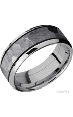 8 mm wide/Beveled/Cobalt Chrome band with one 5 mm Centered inlay of Tantalum.