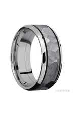 8 mm wide/Beveled/Cobalt Chrome band with one 5 mm Centered inlay of Tantalum.