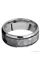 8 mm wide/Beveled/Cobalt Chrome band with one 5 mm Centered inlay of Tantalum.