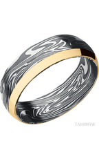 7 mm wide/Domed/Kinetic band with one 2 mm Off Center Edge inlay of 14K Yellow Gold.