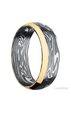 7 mm wide/Domed/Kinetic band with one 2 mm Off Center Edge inlay of 14K Yellow Gold.